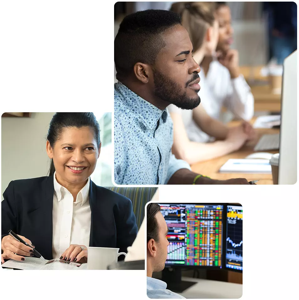 Collage of images featuring two men focused at their computers and women behind desk